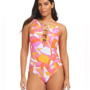 ITALIC FLORAL HIGH NECK TUMMY CONTROL ONE PIECE SWIMSUIT NWT size 12